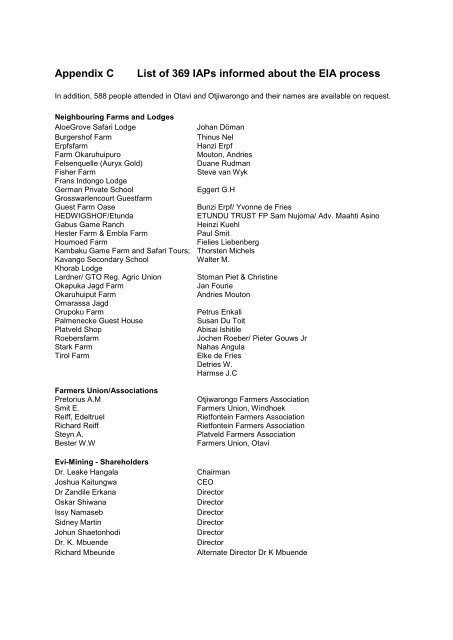 Appendix C Otjikoto List of IAPs 2012 - Asecnam.com