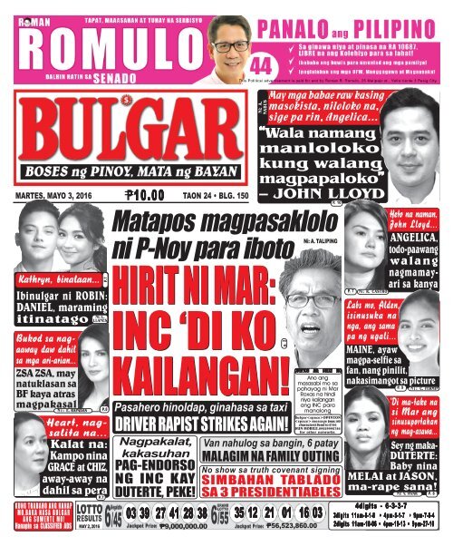 May 3, 2016 BULGAR: BOSES NG PINOY, MATA NG BAYAN