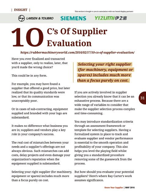 Know Your Supplier - Rubber & Tyre Machinery World May 2016 Special