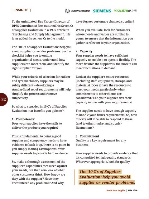 Know Your Supplier - Rubber & Tyre Machinery World May 2016 Special