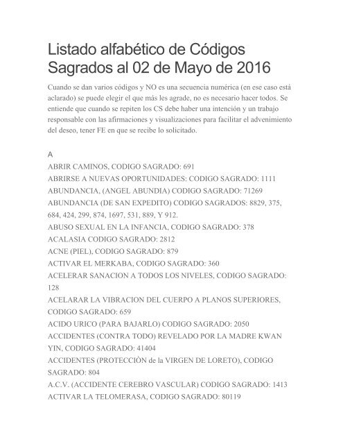 Listado alfabético de Códigos Sagrados al 02 de Mayo de 2016
