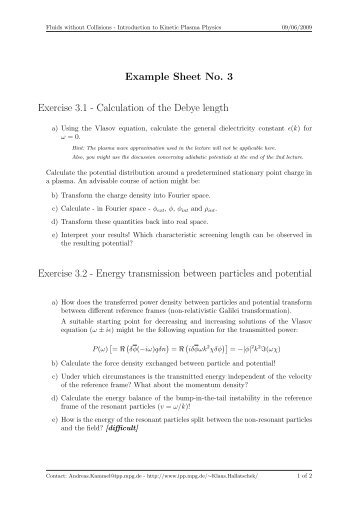 Example Sheet No. 3  Exercise 3.1 - Calculation of the Debye length ...