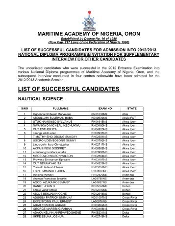 list of successful candidates - Maritime Academy of Nigeria, Oron