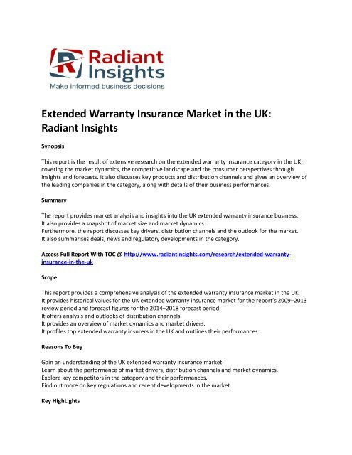 UK Extended Warranty Insurance Market Key Trends, Size, Drivers, Outlook, Strategies 2018 By Radiant Insights