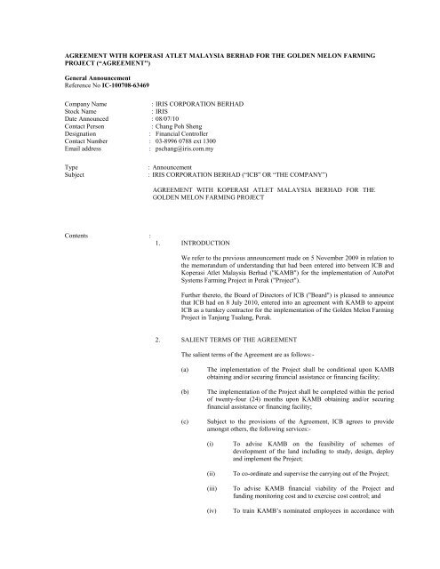 Agreement With Koperasi Atlet Malaysia Berhad For The