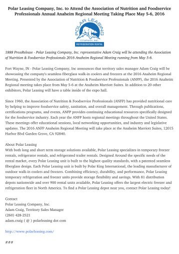 Polar Leasing Company, Inc. to Attend the Association of Nutrition and Foodservice Professionals Annual Anaheim Regional Meeting Taking Place May 5-6, 2016