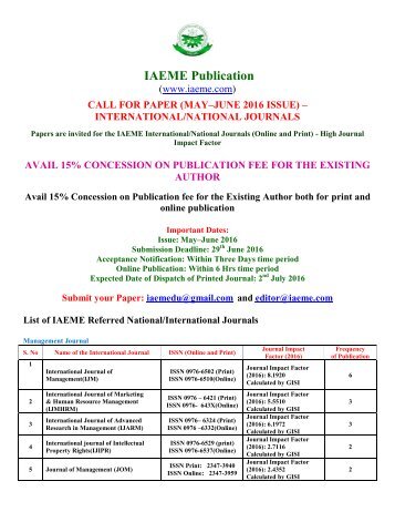 IAEME - CALL FOR PAPER (MAY–JUNE 2016 ISSUE) – INTERNATIONAL/NATIONAL JOURNALS