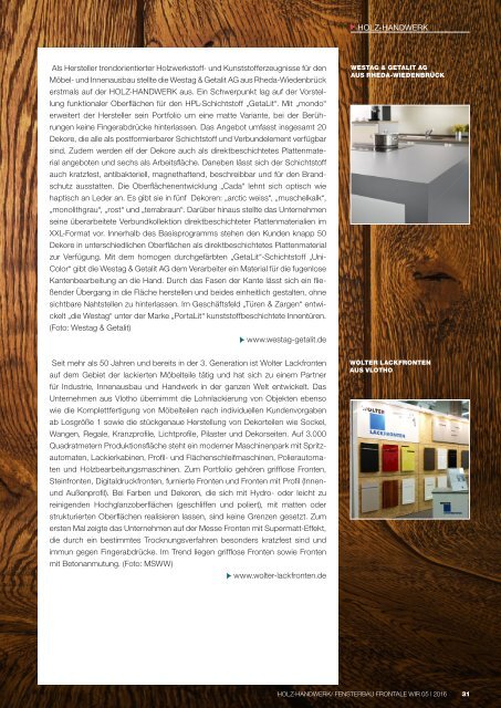 "WIRTSCHAFT REGIONAL" - Messe-Special 05/2016: HOLZ-HANDWERK/FENSTERBAU FRONTALE