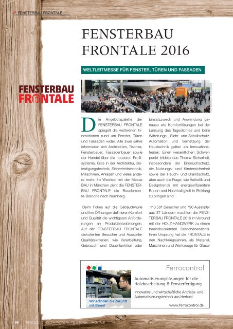 "WIRTSCHAFT REGIONAL" - Messe-Special 05/2016: HOLZ-HANDWERK/FENSTERBAU FRONTALE