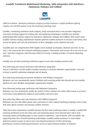 LeadsRx Transforms Multichannel Marketing; Adds Integration with Salesforce, Optimizely, Hubspot and CallRail