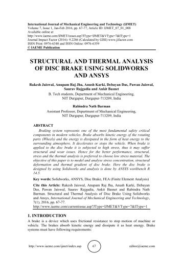 STRUCTURAL AND THERMAL ANALYSIS OF DISC BRAKE USING SOLIDWORKS AND ANSYS