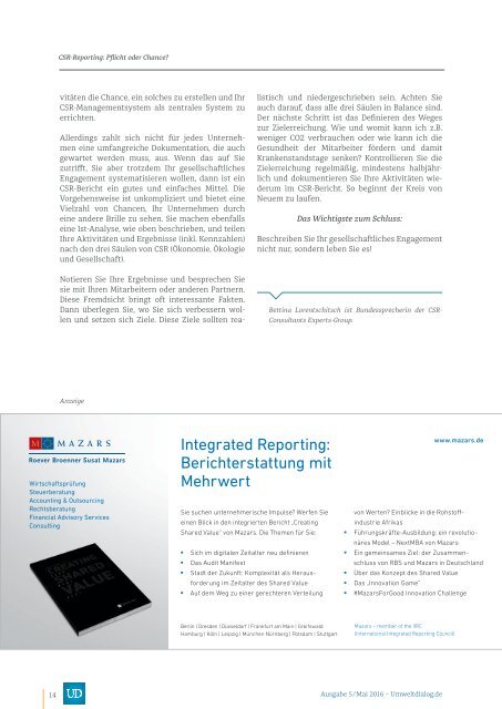 CSR-Reporting. Pflicht oder Chance? - UmweltDialog Magazin Nr . 5  (Mai 2016)