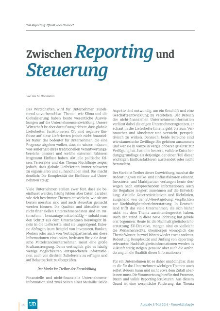 CSR-Reporting. Pflicht oder Chance? - UmweltDialog Magazin Nr . 5  (Mai 2016)