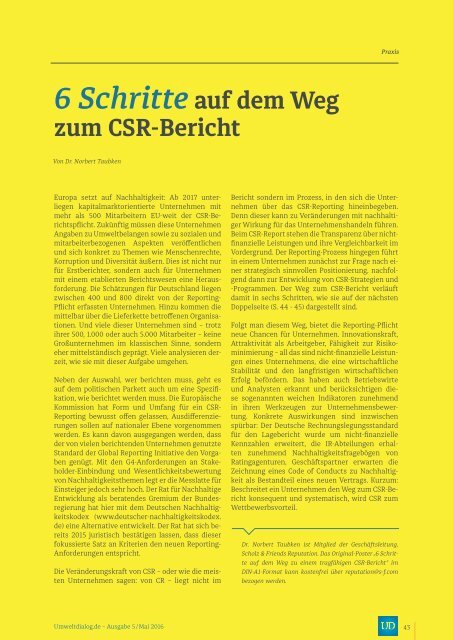 CSR-Reporting. Pflicht oder Chance? - UmweltDialog Magazin Nr . 5  (Mai 2016)