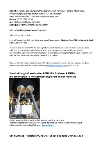 Herzliche Einladung  Dichtheitsprüftechnik für Rohre, Kanäle, Abscheider, Druckleitungen & Einzelmuffen auf der IFAT in München