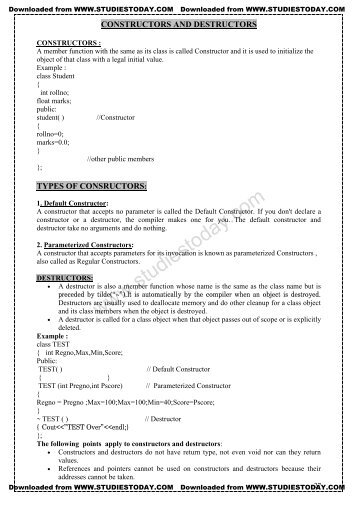 CBSE Class 12 Computer Science - Constructors And Destructors Concepts