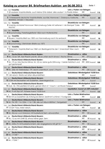 Katalog zu unserer 84. Briefmarken-Auktion am 06.08.2011