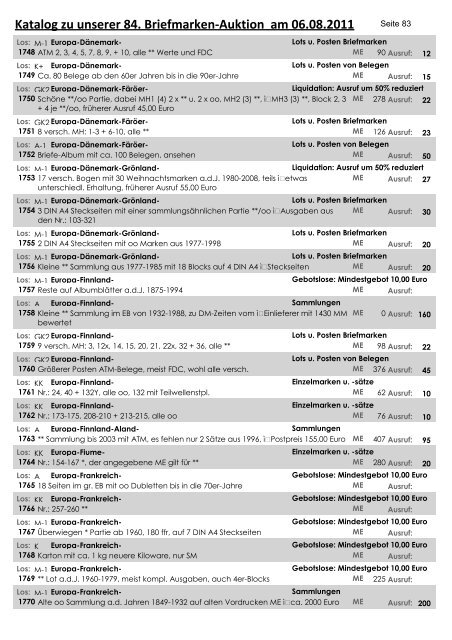 Katalog zu unserer 84. Briefmarken-Auktion am 06.08.2011