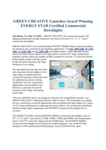 GREEN CREATIVE Launches Award Winning ENERGY STAR Certified Commercial Downlights