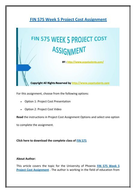 FIN 575 Week 5 Project Cost Assignment