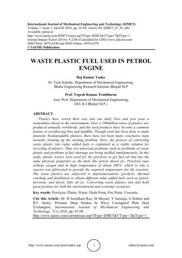 WASTE PLASTIC FUEL USED IN PETROL ENGINE