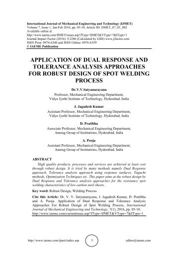 APPLICATION OF DUAL RESPONSE AND TOLERANCE ANALYSIS APPROACHES FOR ROBUST DESIGN OF SPOT WELDING PROCESS