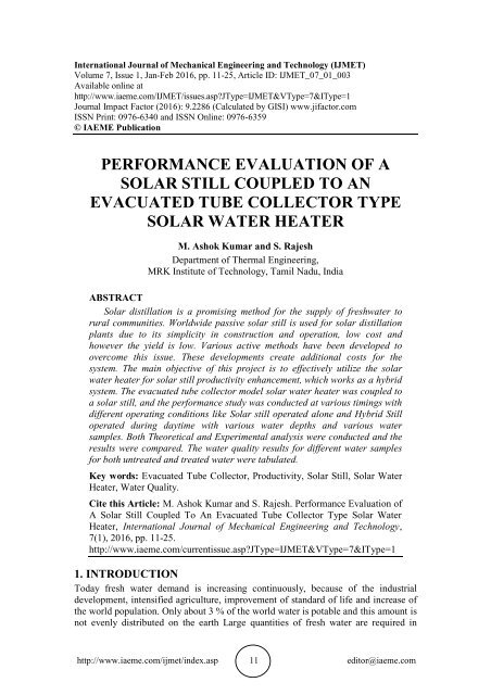 PERFORMANCE EVALUATION OF A SOLAR STILL COUPLED TO AN EVACUATED TUBE ...