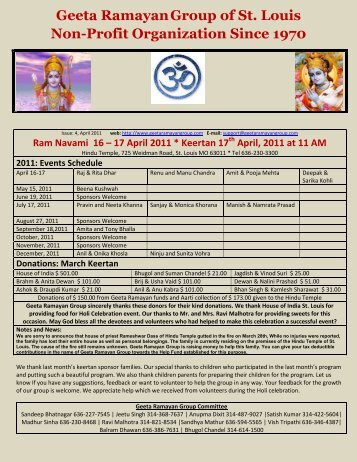 April 2011 News Letter - Geeta Ramayan Group