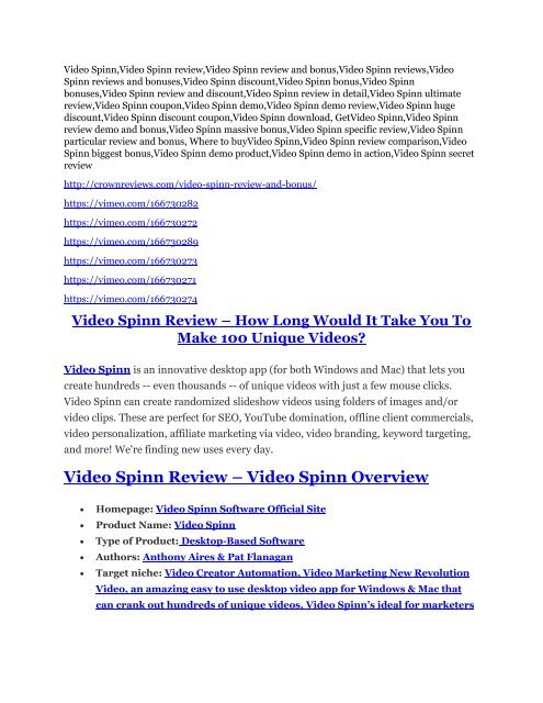 Video Spinn Software Review & HUGE $23800 Bonuses