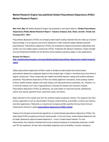 Market Research Engine has published Global Polyurethane Dispersions (PUDs) Market Research Report