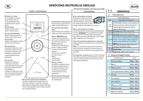 KitchenAid JQ 278 SL - Microwave - JQ 278 SL - Microwave PL (858727899890) Scheda programmi