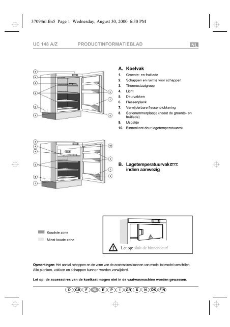 KitchenAid 845 382 10 - Refrigerator - 845 382 10 - Refrigerator NL (855100301030) Scheda programmi