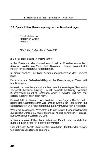 216 2.5 Spezialitäten: Keramikspritzguss und Beschichtungen ...