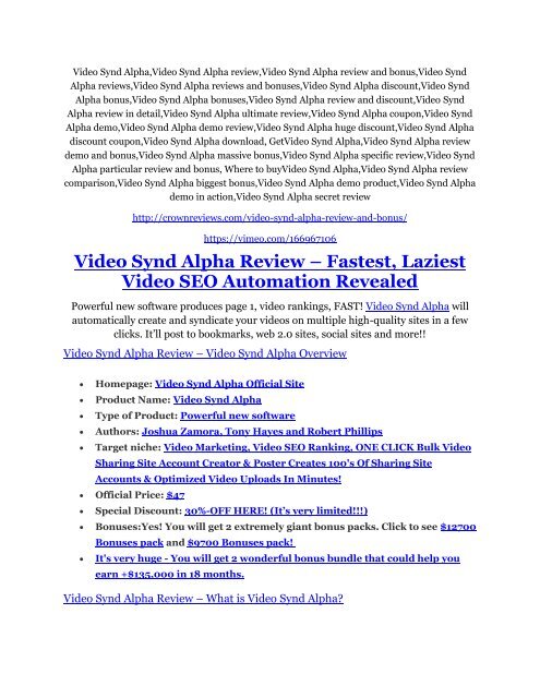 Video Synd Alpha Detail Review and Video Synd Alpha $22,700 Bonus