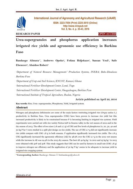 Urea-supergranules and phosphorus application increases irrigated rice yields and agronomic use efficiency in Burkina Faso