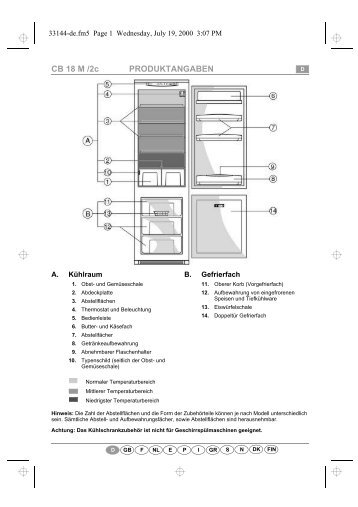 KitchenAid 1 CI-340/1 - Fridge/freezer combination - 1 CI-340/1 - Fridge/freezer combination DE (853976518080) Scheda programmi