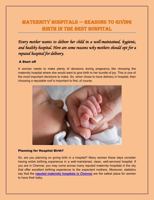 Maternity Hospitals Reasons To Giving Birth In The Best Hospital
