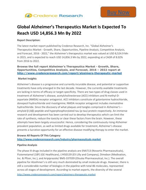 Global Alzheimer’s Therapeutics Market to 2022 Size,Share,Growth, Trends and Forecast,By Credence Research