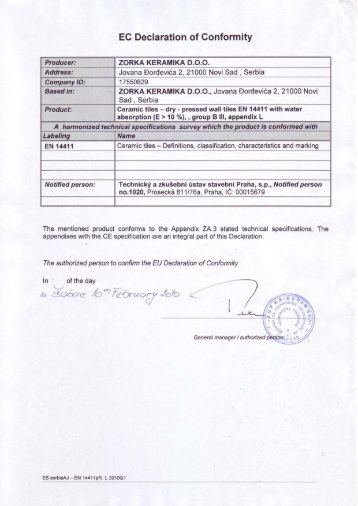 CE Certificate Monoporoza - ZORKA KERAMIKA