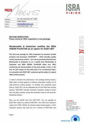 Windmoeller & Hoelscher certifies the ISRA  ... - ISRA VISION AG
