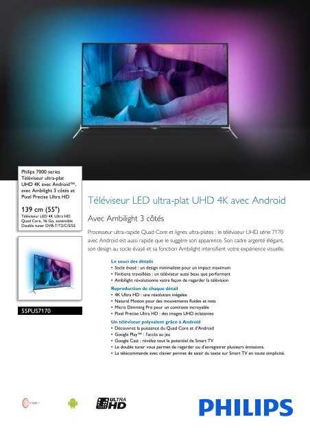 Philips 7000 series T&eacute;l&eacute;viseur UHD 4K ultra-plat avec Android&trade; - Fiche Produit - FRA