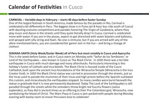 Calendar Of Festivities Of Cusco