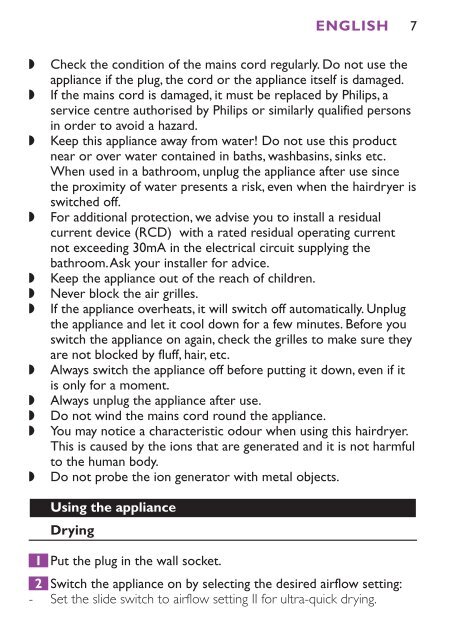 Philips S&egrave;che-cheveux - Mode d&rsquo;emploi - ZHT