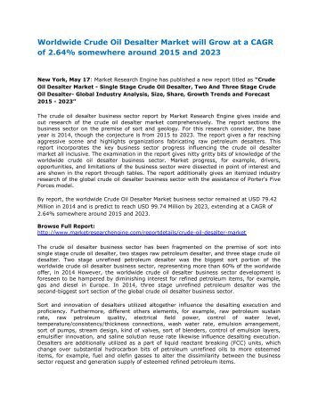 Worldwide Crude Oil Desalter Market will Grow at a CAGR of 2.64% somewhere around 2015 and 2023