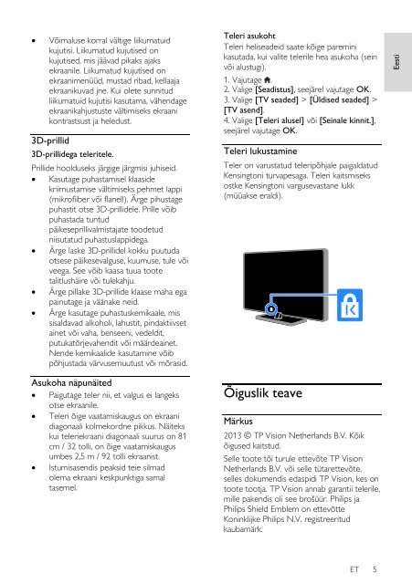 Philips 3100 series T&eacute;l&eacute;viseur LED ultra-plat - Mode d&rsquo;emploi - EST