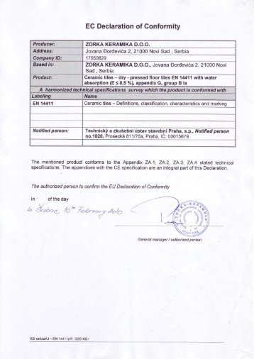 CE Certificate Gres Porcellanato - ZORKA KERAMIKA
