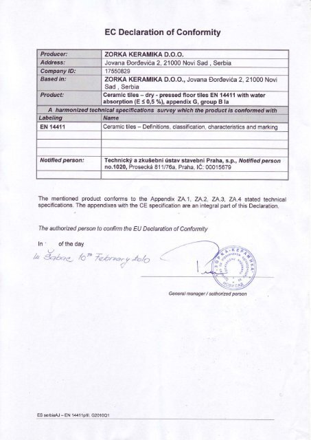 CE Certificate Gres Porcellanato - ZORKA KERAMIKA