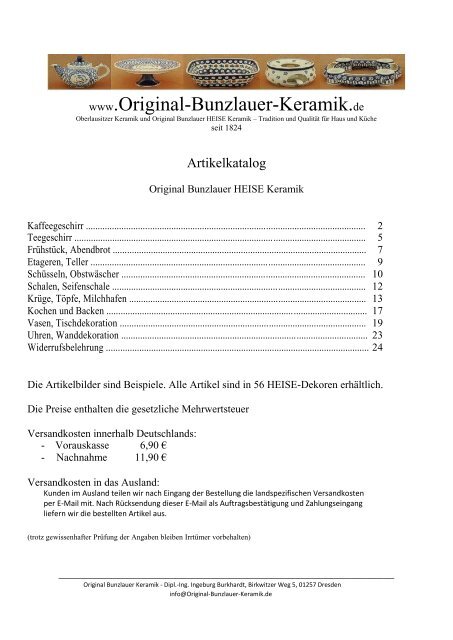 Artikelkatalog - Original Bunzlauer Keramik