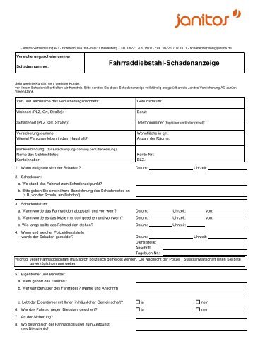 Schadenanzeige Fahrraddiebstahl - Janitos Versicherung AG