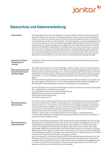 Datenschutz und Datenverarbeitung - Janitos Versicherung AG